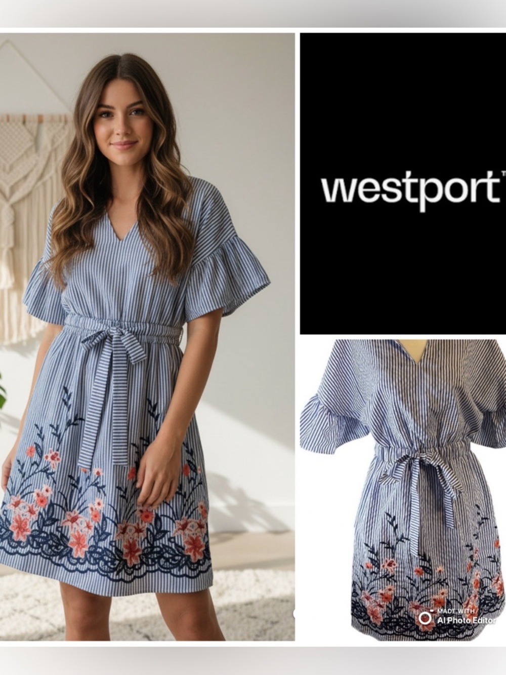 Westport Blue and White Striped Floral Tie-Waist Dress